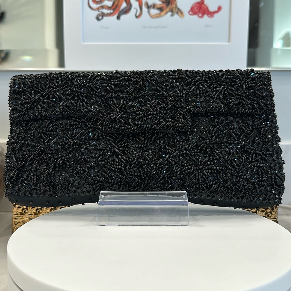 VTG Bon Soir, Black-on-Black Beaded & Sequined Evening Bag, EUC